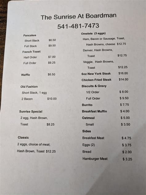 Menu at Sunrise At Boardman restaurant, Boardman.